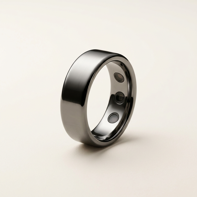 Titanium smart ring on a warm off-white background