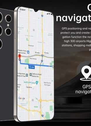 Unlocked Phone Smartphone in sleek black with triple rear cameras and a large touchscreen GPS navigation display.