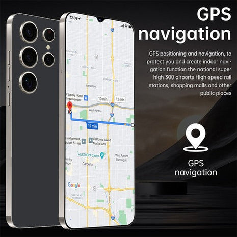 Unlocked Phone Smartphone in sleek black with triple rear cameras and a large touchscreen GPS navigation display.