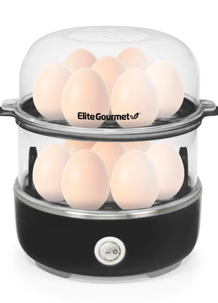 Elite Gourmet EGC1215B Easy Egg Cooker Stainless-steel Heating Plate Two-Tiered 14-Egg Capacity Soft Medium Hard-Boiled Auto Shut-Off Omelets Poached Eggs Measuring Cup Piercing Pin Black