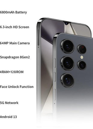 Unlocked Phone Smartphone with sleek gray finish, metal frame, quad rear cameras, and large 6.3-inch HD screen display.
