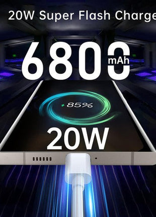 Unlocked Phone Smartphone with black front display, 6800mAh battery, and 20W super flash charge connected by a white cable.