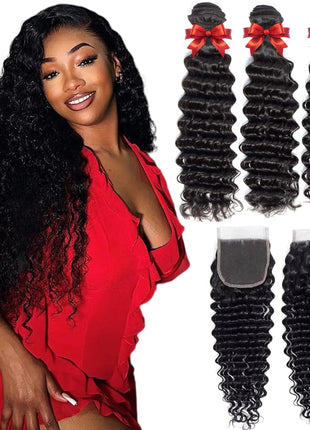 Vipobidy Deep Wave Bundles with Closure - 3 Bundles 14 16 18 inch with 12" 4x4 Lace Closure