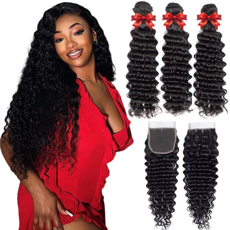 Vipobidy Deep Wave Bundles with Closure - 3 Bundles 14 16 18 inch with 12" 4x4 Lace Closure
