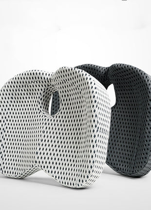 Memory foam car seat cushion with breathable white mesh cover and non-slip base