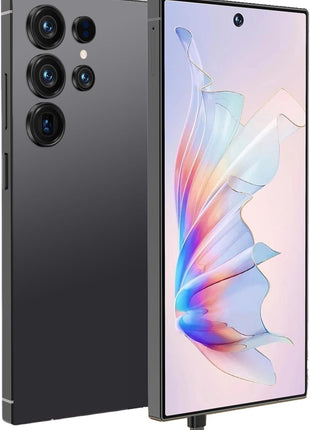 C25 Ultra Cell Phone, black smartphone with stylus, large colorful display and multi-lens rear camera array