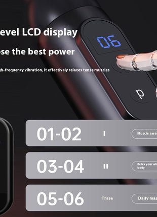 Massage device with digital display and power selection options on a dark background
