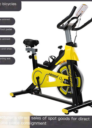 Yellow and black exercise bike with features listed on a white background