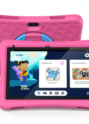 Plimpton Kids Tablet 10 inch with Android 14, parental controls, HD IPS screen, and EVA shockproof case in pink