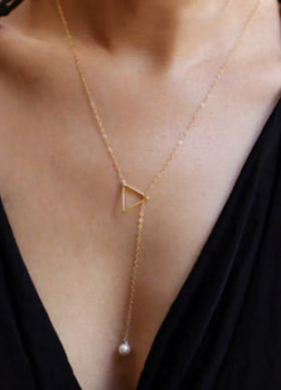Hollow Triangle Pearl Tassel Necklace