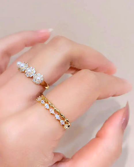 S925 Sterling Silver Adjustable Pearl Ring with Diamonds