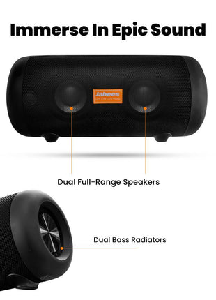 Black portable speaker with dual full-range speakers and bass radiators on a white background, featuring the Jabra brand.