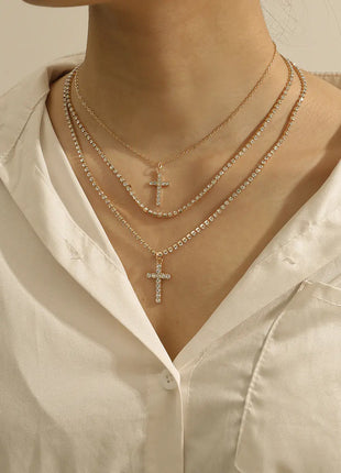 Creative Cross Necklace with Glass Rhinestones Layers