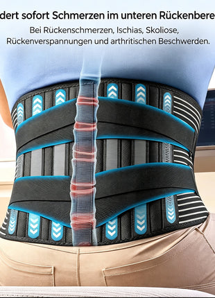 Black adjustable lumbar support back brace with aluminum stays and dual compression straps