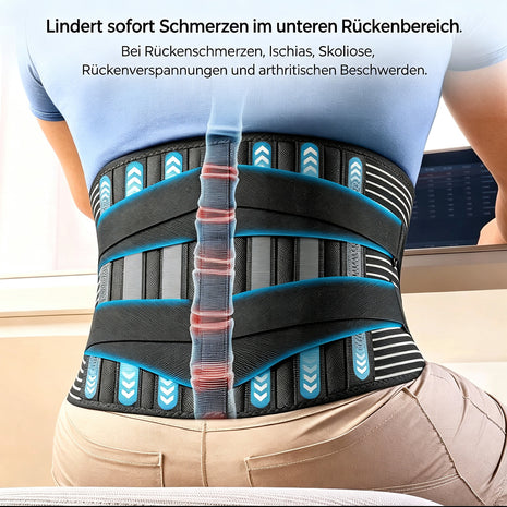 Black adjustable lumbar support back brace with aluminum stays and dual compression straps