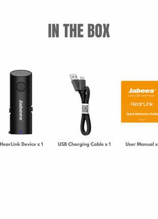 In the box contents display featuring a black Jabees HearLink device, a black USB charging cable, and an orange user manual guide on a white background with gray text.