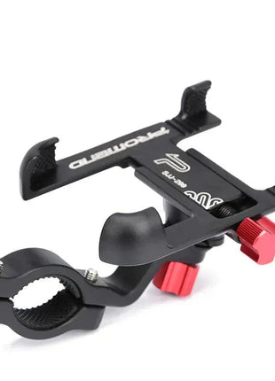 PROMEND Aluminum Alloy Phone Mount securely attached to bicycle handlebar with 360-degree rotation feature