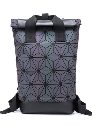 Geometric patterned backpack with black accents on a white background