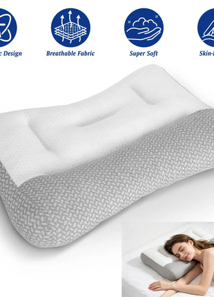 White and grey ergonomic bed pillow with dual-height zones and breathable mesh panel