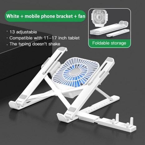 White laptop stand with fan and phone bracket on a black background