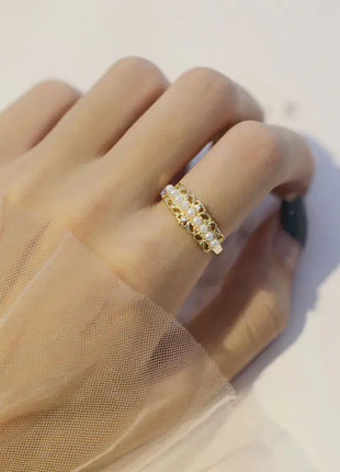 S925 Silver Hollow Crown Pearl Adjustable Ring