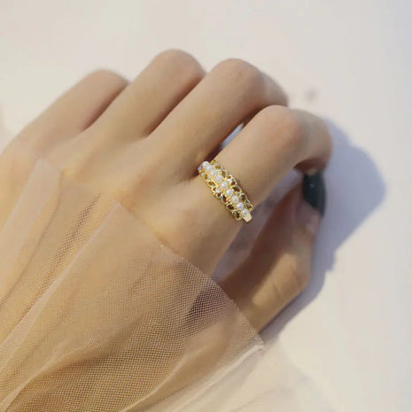 S925 Silver Hollow Crown Pearl Adjustable Ring