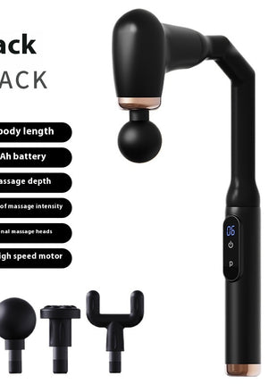 Black handheld massage device with massage heads and specifications on a white background