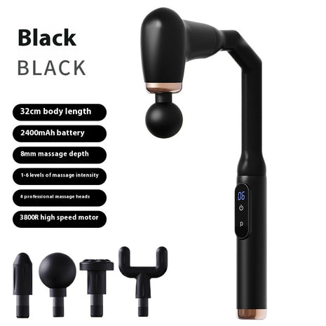 Black handheld massage device with massage heads and specifications on a white background