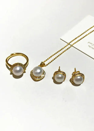 Natural Pearl Jewelry Set: Necklace, Earrings, Ring
