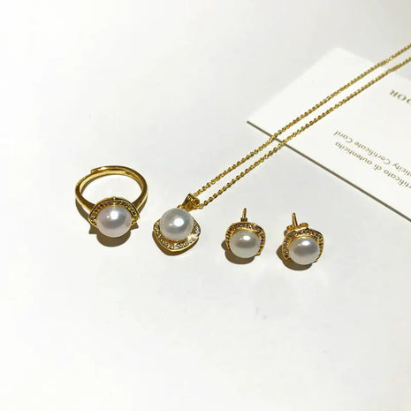 Natural Pearl Jewelry Set: Necklace, Earrings, Ring