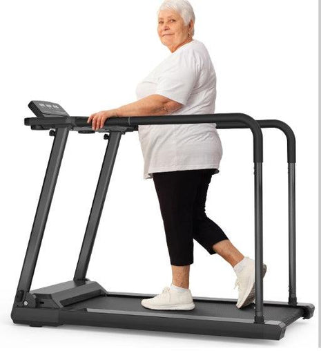 Foldable Elderly Walking Pad Treadmill with safety handrails and LED display for home exercise