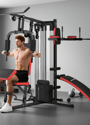 SPORTNOW Multi-Gym workout station with 65kg weight stack, black steel and PU design for full-body strength training