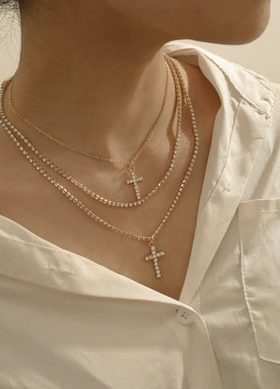 Creative Cross Necklace with Glass Rhinestones Layers