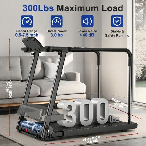 Elderly walking pad treadmill with foldable design and safety handrails for home exercise