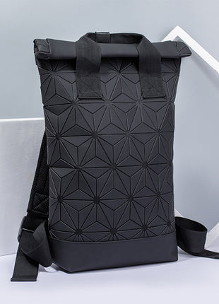 Black geometric-patterned backpack on a light gray background