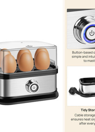 Electric stainless steel egg boiler cooker with six-egg capacity and one-touch control