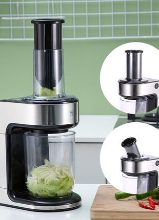 Vegetable chopper with a close-up of its parts on a kitchen counter.