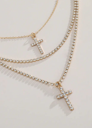 Creative Cross Necklace with Glass Rhinestones Layers