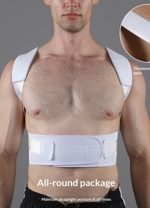 Adult wearing black posture correction belt for sitting and sports activities