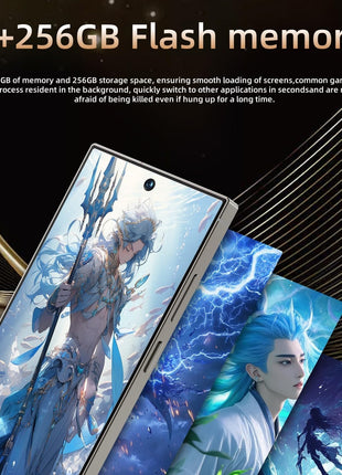 C25 Ultra Cell Phone with silver frame, blue fantasy display, and 8GB RAM and 256GB storage text