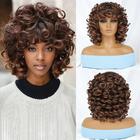14 Inch Short Bouncy Curly Wig with Bangs - Honey Brown Mix (T33-30)