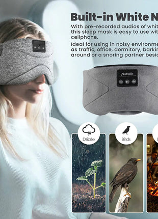 Bluetooth white noise sleep eye mask with built-in speakers, 20 white noise tracks, 4 sleep music, USB rechargeable, and light-blocking design