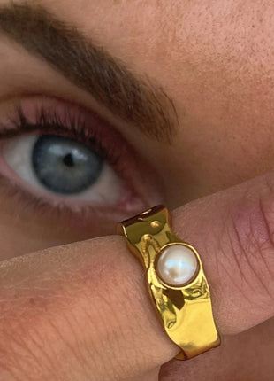 18K Gold Plated Stainless Steel Lava Pearl Ring