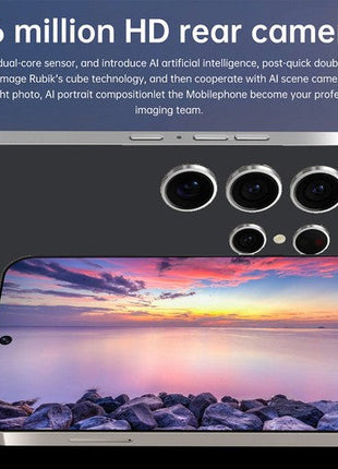 Unlocked Phone Smartphone with sleek grey metal frame, four HD rear cameras, and large edge-to-edge display showing sunset image