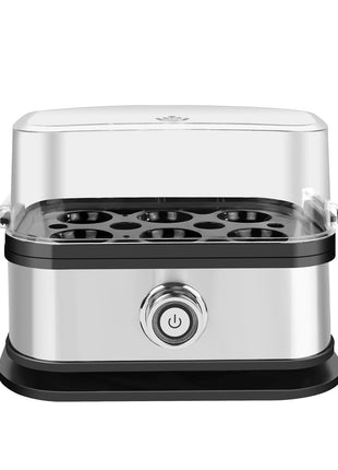 Electric stainless steel egg boiler cooking up to 6 eggs with one-touch control and BPA-free materials