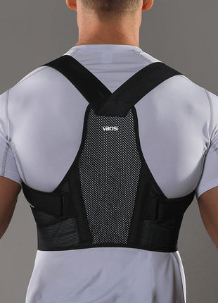 Black and white posture correction belt for adults, adjustable sizes M to XXL, designed for sports and sitting support