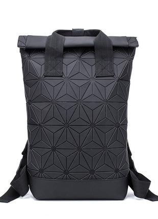 Black geometric-patterned backpack on a white background