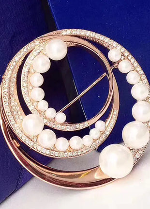 Spiral Ring Crystal Pearl Brooch for Elegant Ladies