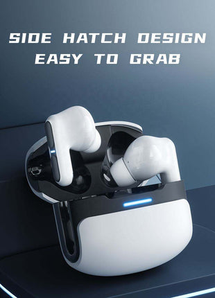 Langsdom Gaming Headset true wireless earbuds in glossy white and black, with silicone tips, LED case indicator and side-hatch charging case.