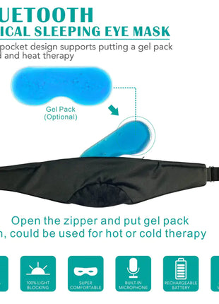 Bluetooth white noise sleep eye mask with built-in speakers, 20 white noise tracks, 4 sleep melodies, 15-hour playback, and 100% light blocking.